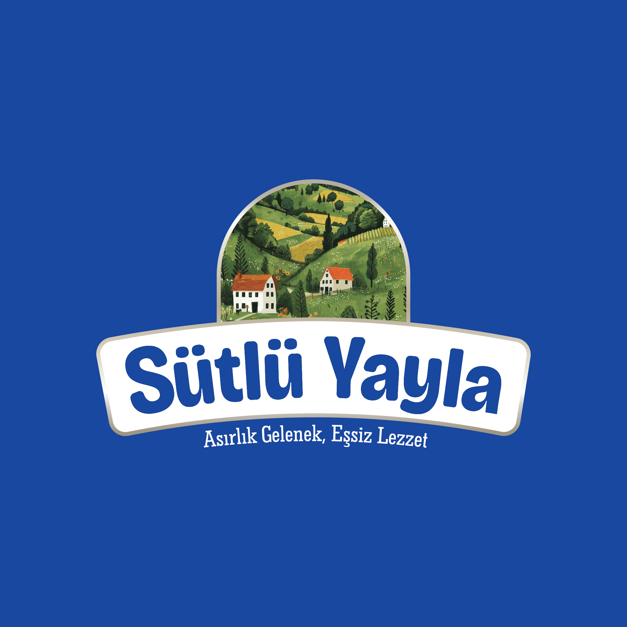Mavi arka plan üzerinde Sütlü Yayla logosunun alternatif versiyonu. Logoda yeşil yayla illüstrasyonu ve beyaz şerit üzerinde mavi harflerle Sütlü Yayla yazısı görülüyor.