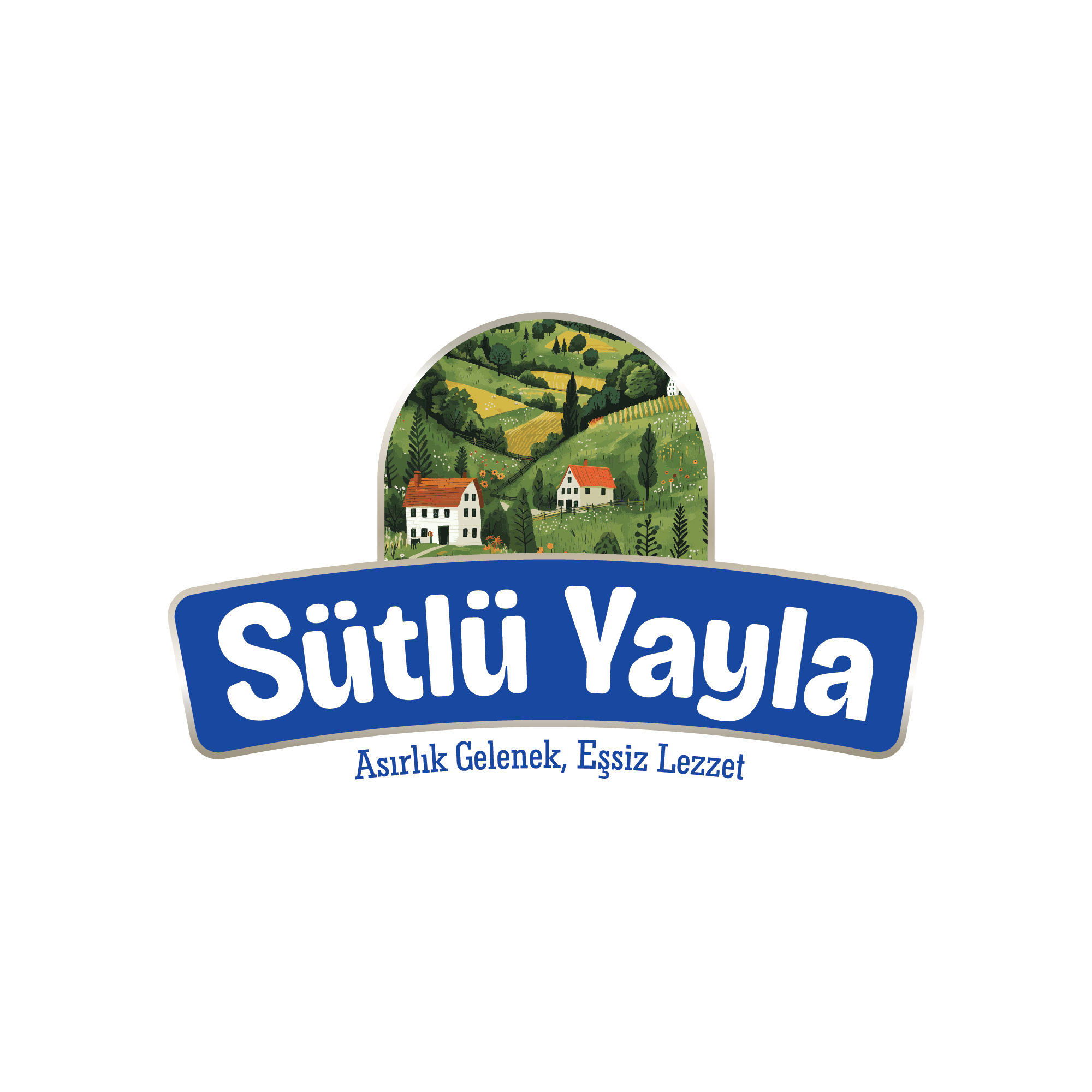 Beyaz arka plan üzerinde Sütlü Yayla logosu. Logoda yeşil tepeler, iki adet kırmızı çatılı ev illüstrasyonu ve mavi şerit üzerinde beyaz harflerle Sütlü Yayla yazısı yer alıyor.